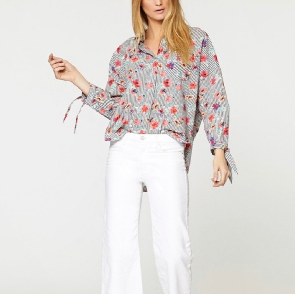 Sanctuary Top Striped Floral Tie Cuffs Boho Cottagecore Spring Summer Relaxed